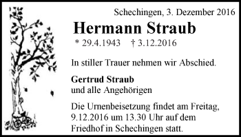 Traueranzeige von Hermann Straub von Gmünder Tagespost