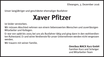 Traueranzeige von Xaver Pfitzer von Schwäbische Post