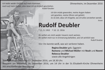Traueranzeige von Rudolf Deubler von Schwäbische Post