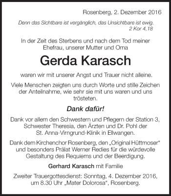 Traueranzeige von Gerda Karasch von Schwäbische Post