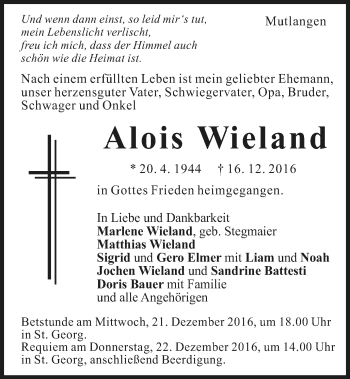 Traueranzeige von Alois Wieland von Gmünder Tagespost
