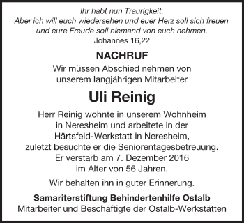 Traueranzeige von Uli Reinig von Schwäbische Post