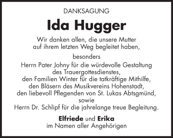 Traueranzeige von Ida Hugger von Schwäbische Post