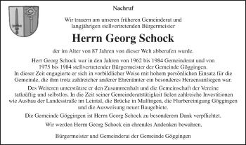 Traueranzeige von Georg Schock  von Gmünder Tagespost