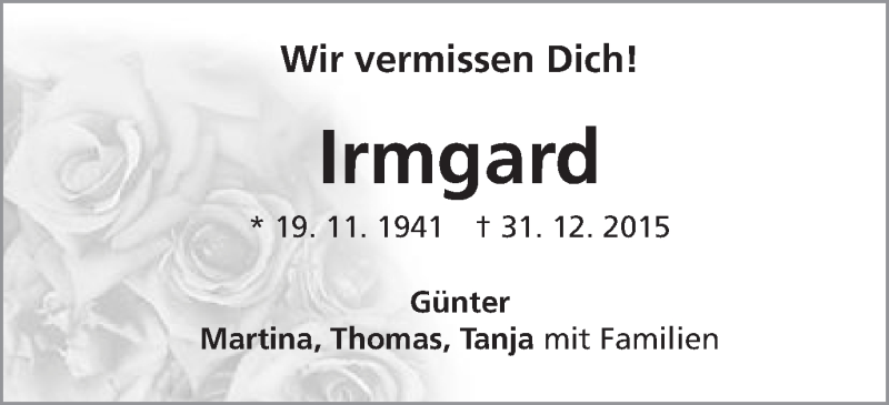  Traueranzeige für Irmgard Seizer vom 31.12.2016 aus Schwäbische Post