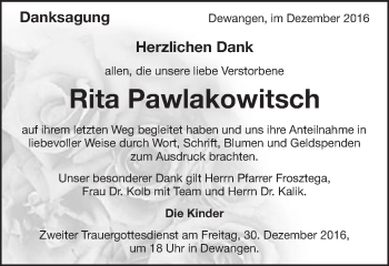 Traueranzeige von Rita Pawlakowitsch von Schwäbische Post