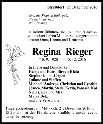 Traueranzeige von Regina Rieger von Gmünder Tagespost