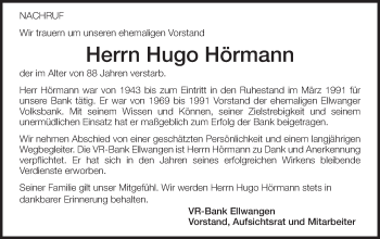 Traueranzeige von Hugo Hörmann von Schwäbische Post