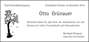 Traueranzeige von Otto Grünauer von Gmünder Tagespost