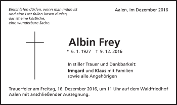 Traueranzeige von Albin Frey von Schwäbische Post