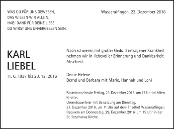 Traueranzeige von Karl Liebel von Schwäbische Post