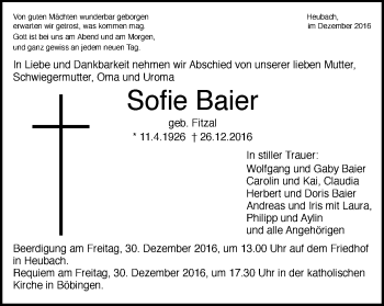 Traueranzeige von Sofie Baier von Gmünder Tagespost