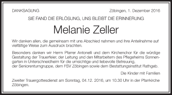 Traueranzeige von Melanie Zeller von Schwäbische Post