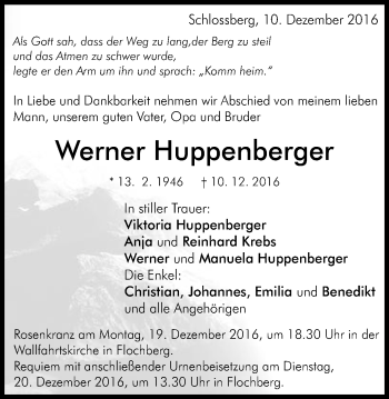 Traueranzeige von Werner Huppenberger von Schwäbische Post