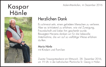 Traueranzeige von Kaspar Hänle von Schwäbische Post