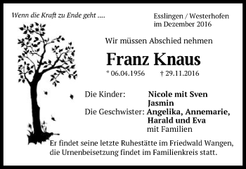 Traueranzeige von Franz Knaus von Schwäbische Post