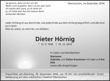 Traueranzeige von Dieter Hörning von Schwäbische Post