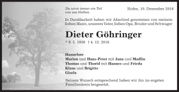 Traueranzeige von Dieter Göhringer von Schwäbische Post