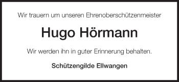Traueranzeige von Hugo Hörmann von Schwäbische Post