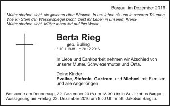 Traueranzeige von Berta Rieg von Gmünder Tagespost