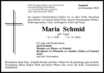 Traueranzeige von Maria Schmid von Gmünder Tagespost
