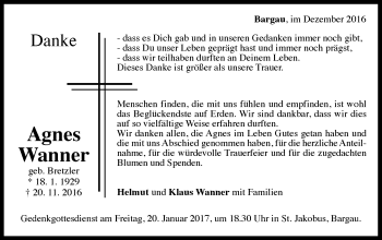 Traueranzeige von Agnes Wanner von Gmünder Tagespost