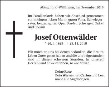 Traueranzeige von Josef Ottenwälder von Schwäbische Post
