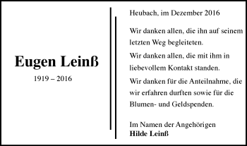Traueranzeige von Eugen Leinß von Gmünder Tagespost