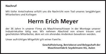 Traueranzeige von Erich Meyer von Schwäbische Post