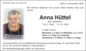 Traueranzeige von Anna Hüttel von Schwäbische Post