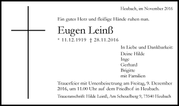 Traueranzeige von Eugen Leinß von Gmünder Tagespost