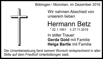 Traueranzeige von Hermann Gold von Gmünder Tagespost