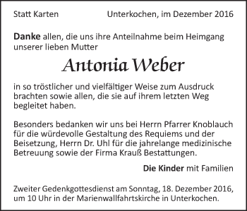 Traueranzeige von Antonia Weber von Schwäbische Post