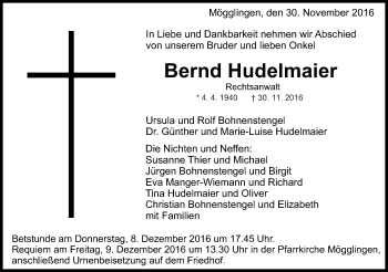 Traueranzeige von Bernd Hudelmaier von Gmünder Tagespost