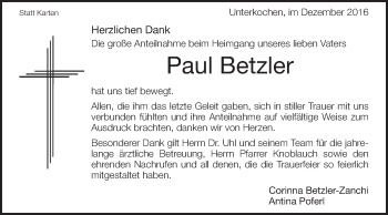 Traueranzeige von Paul Betzler von Schwäbische Post