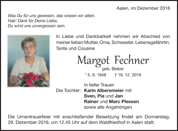 Traueranzeige von Margot Fechner von Schwäbische Post