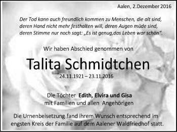 Traueranzeige von Talita Schmidtchen von Schwäbische Post
