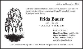 Traueranzeige von Frida Bauer von Schwäbische Post