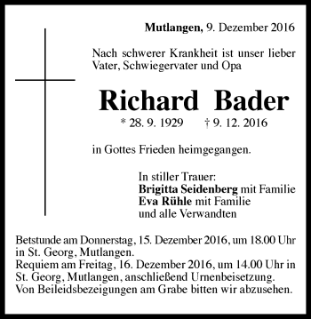 Traueranzeige von Richard Bader von Gmünder Tagespost