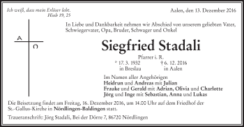 Traueranzeige von Siegfried Stadali von Schwäbische Post
