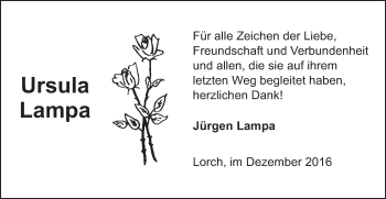 Traueranzeige von Ursula Lampa von Gmünder Tagespost
