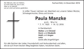 Traueranzeige von Paula Manzke von Schwäbische Post