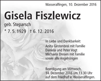 Traueranzeige von Gisela Fiszlewicz von Schwäbische Post