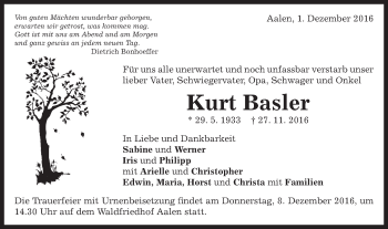 Traueranzeige von Kurt Basler von Schwäbische Post