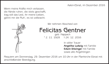 Traueranzeige von Felicitas Gentner von Schwäbische Post