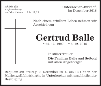 Traueranzeige von Gertrud Balle von Schwäbische Post