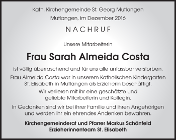 Traueranzeige von Sarah Almeida Costa von Gmünder Tagespost