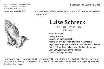 Traueranzeige von Luise Schreck von Schwäbische Post