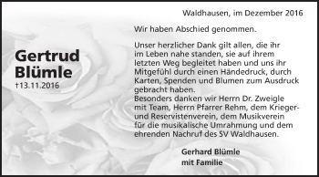 Traueranzeige von Getrud Blümle von Schwäbische Post