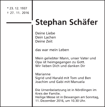 Traueranzeige von Stephan Schäfer von Schwäbische Post
